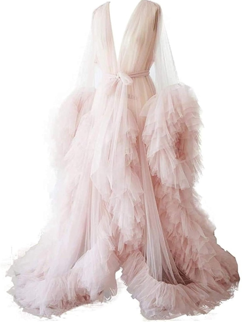 Ethereal Blush Pink Tulle Robe Dressing Gown with Ruffles for Bridal Photoshoots